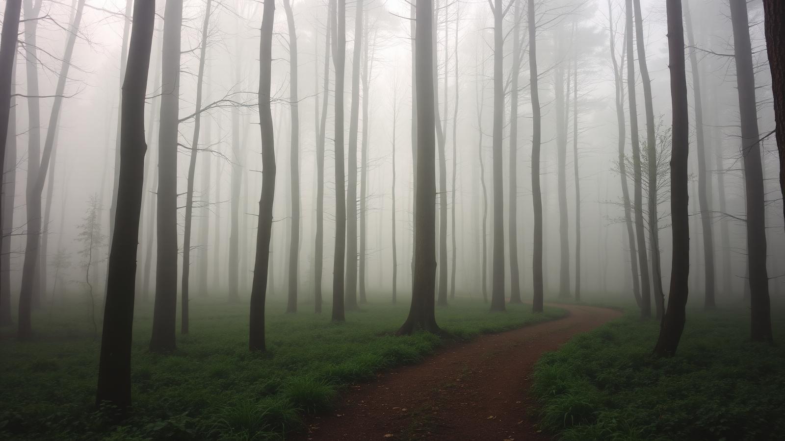 A quiet path through a misty forest