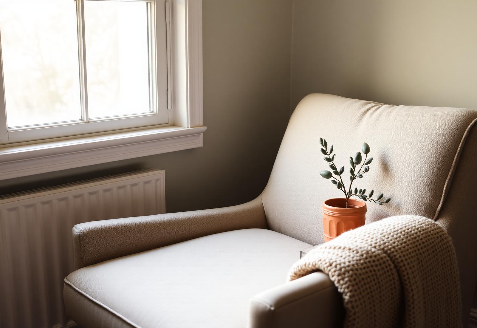 Quiet sunlit sitting area with a linen armchair and a small plant