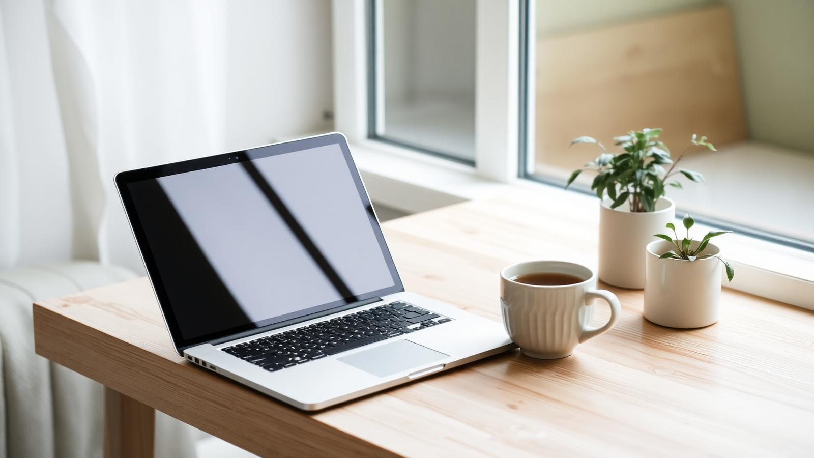 A laptop and warm cup of tea by a sunlit window